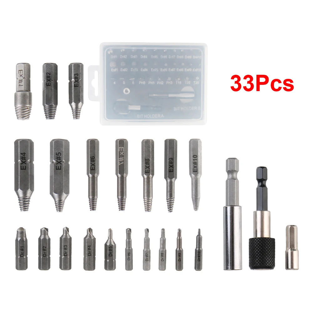 Broken Head Bolt Extractor 22/33Pcs Holder Damaged Screw Removal Tools Drill Bit Set Screw Extractor Magnetic Extension Bit