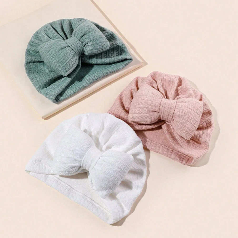 1PCS Lovely Bowknot Baby Hat Knitted Newborn Turban Girls Cap Head Wraps Solid Color Boys Hat Headband Cute Hair Accessories