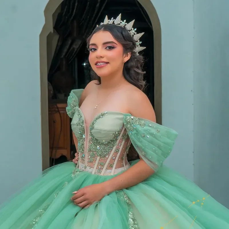 Mint Green Princess 2024 Quinceanera Dresses Appliques Crystal Off The Shoulder Tassels Birthday Party Sweet 16 Gowns Custom