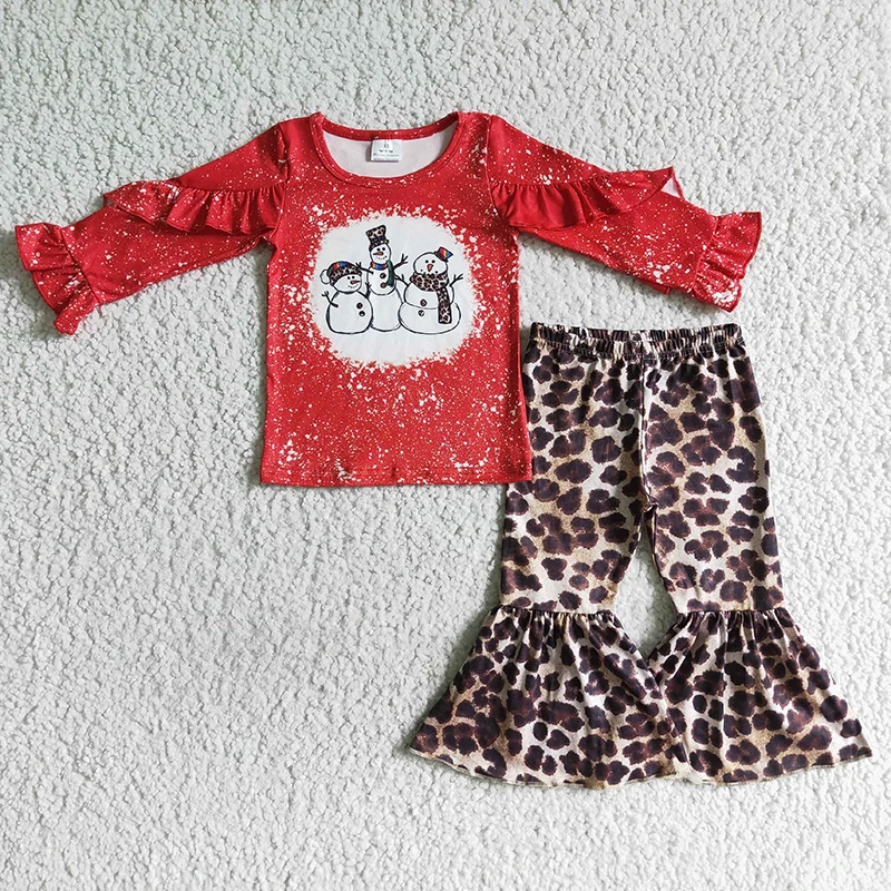 

Baby Girl Christmas Clothing Red Tie Dye Ruffle Long Sleeve Leopard Bell Bottom Pants Set Wholesale Infant Kid Children Clothes