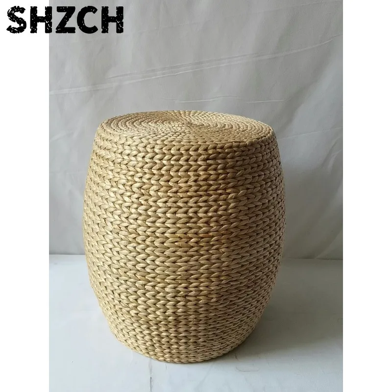 Hand-Woven Rush Grass Stool Natural Rattan Seat with Wooden Frame Boho Farmhouse Home Decor Vintage Stool Rustic Furniture Gift