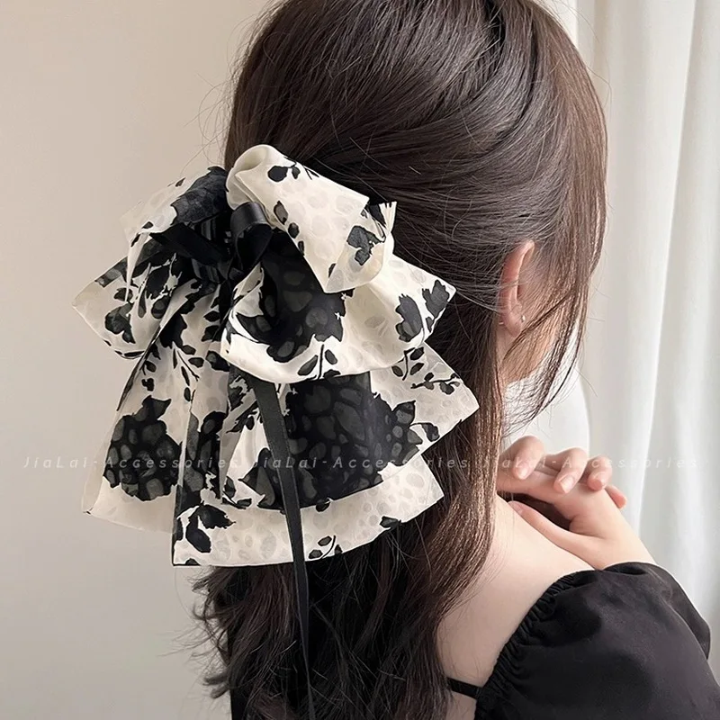 Koreański mały zadrukowany spinki do włosów dla kobiet elegancka spinka z kokardą klamry do włosów dla kobiet spinki kokardki spinka do włosów klamra dziewczęce czarne klips do włosów Retro Half Grab nakrycie głowy