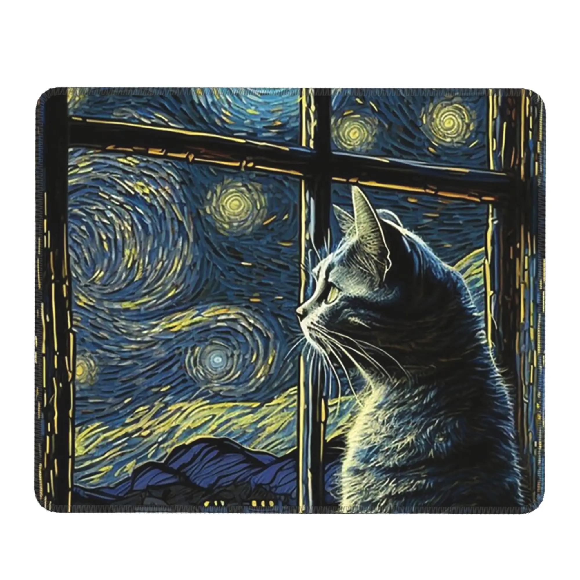 Black Cat Looks The Starry Night Mouse Pad Computer Keyboard Mouse Mat Gamer PC Laptop Desk Mat Office Accessories Table Mats