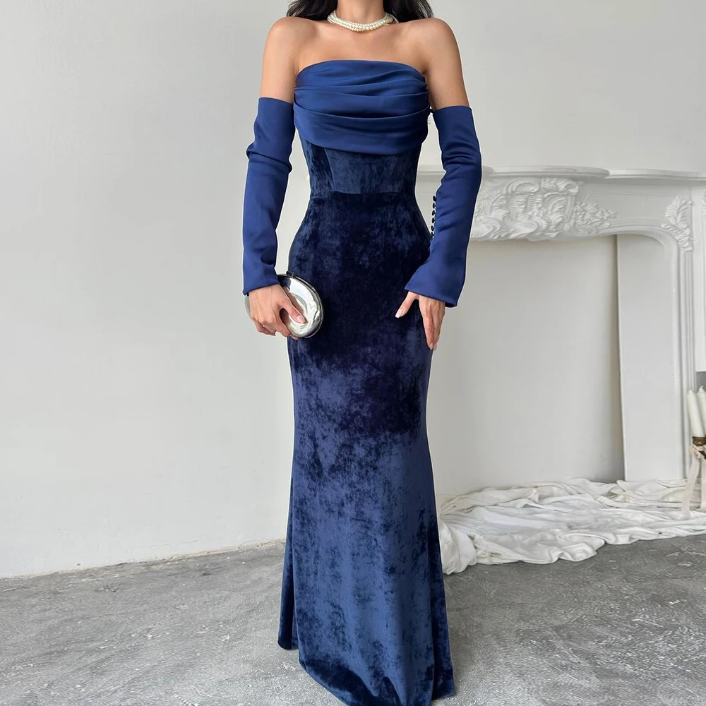 Customized A-line Evening Dresses Floor-length Strapless Full Sleeve Prom Gown Fashion Pleat Simple Draped Backless Party Gown