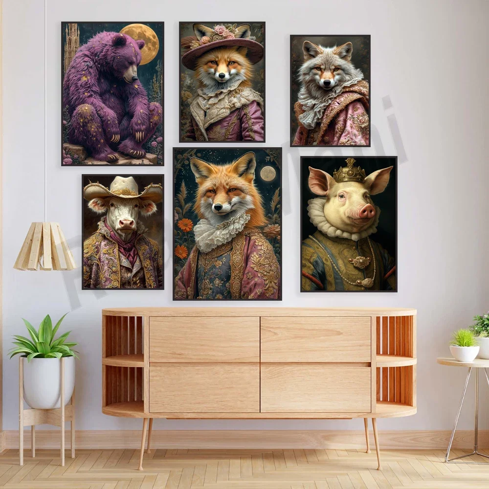 Victorian fox, royal cow, royal pig, deer, buffalo, brown bear, raccoon fantasy wall art, animal portraits, whimsical posters