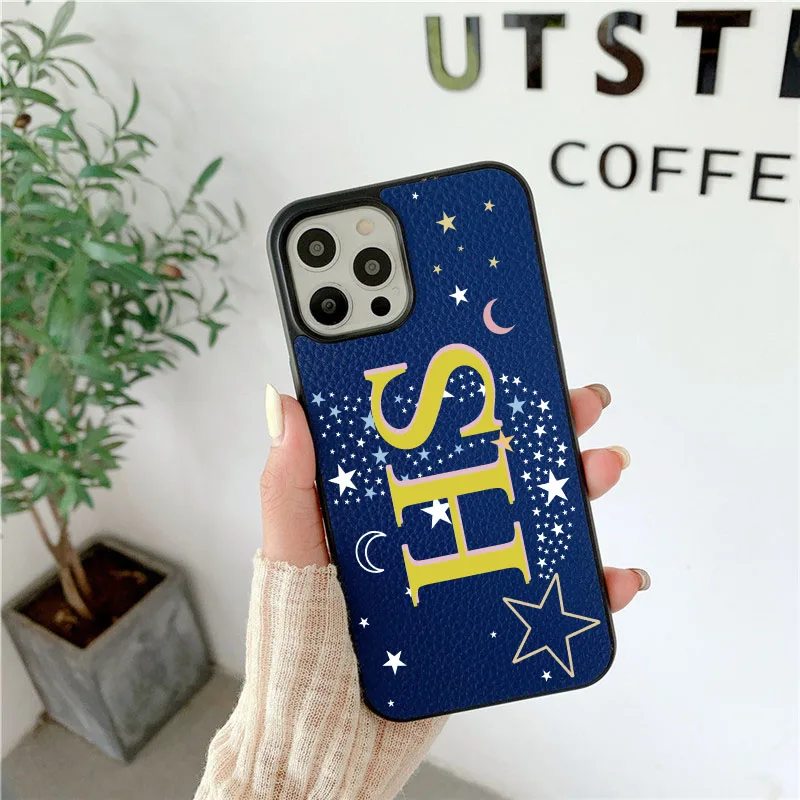 Personalised Initial Letters Luxury PU Leather Case for iphone 14 13 Pro Max 12 11 Pro Max XS XR 7 8 Plus SE Covers Moon & Stars