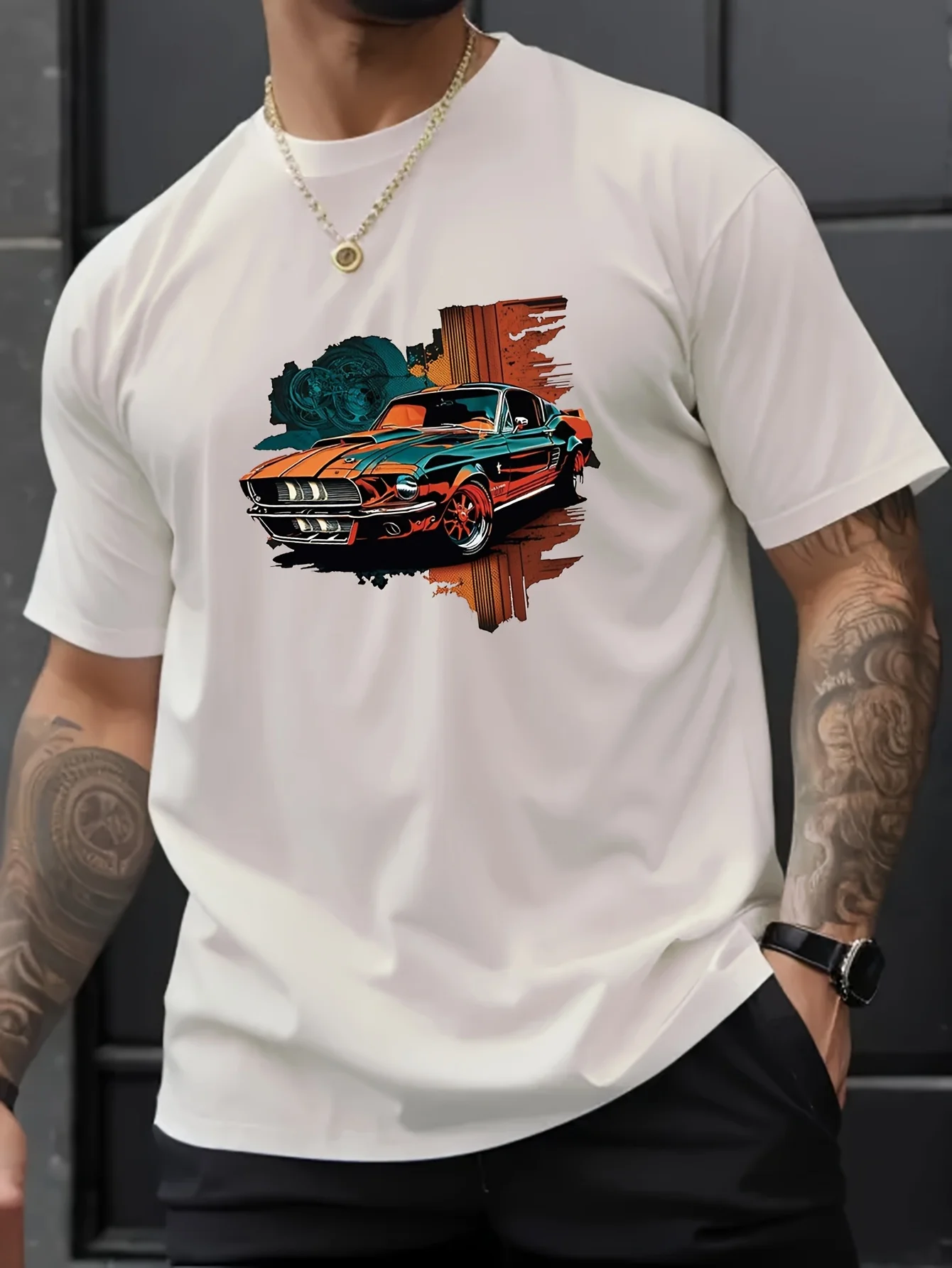 Car Print Men\'s Creative Top, Casual Short Sleeve Crew Neck T-shirt, Men\'s Clothing For Summer Outdoor