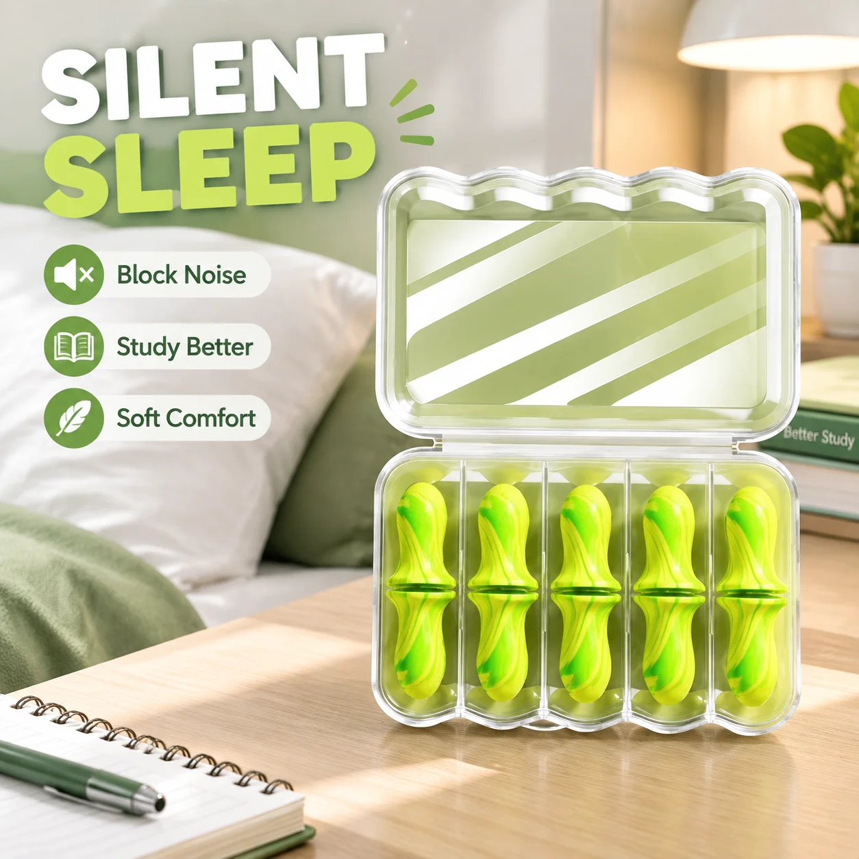 Noise Reduction Ear Plugs for Dormitory Sleep & Study, Hypoallergenic Comfort for Side Sleepers