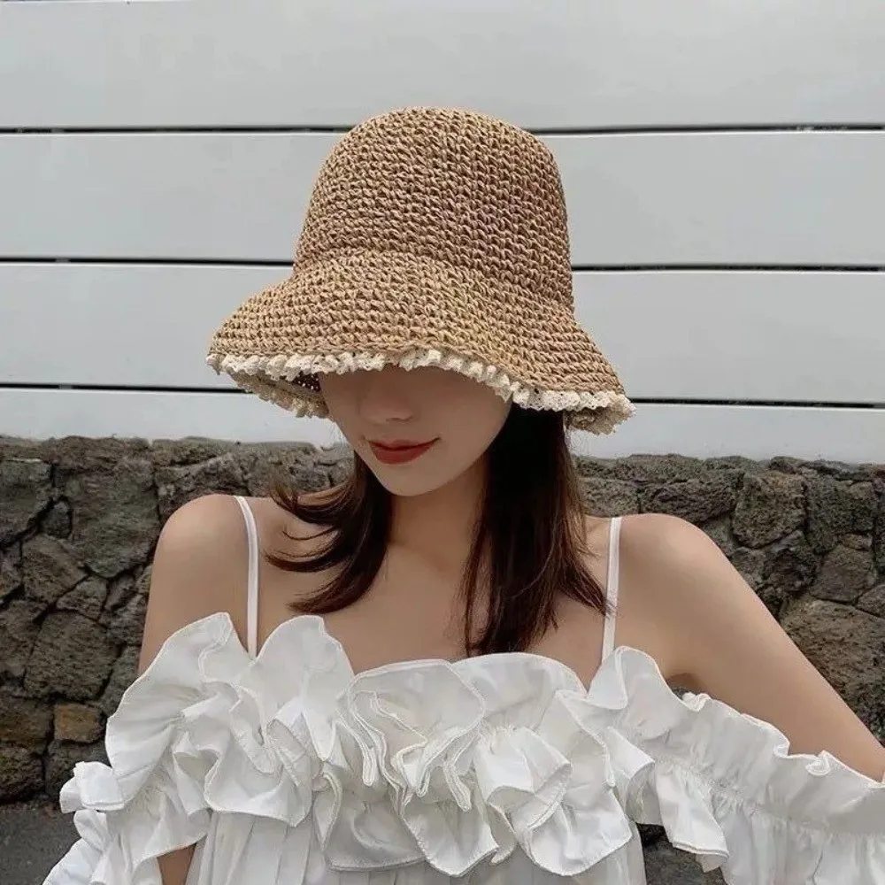 

Casual Foldable Summer Sun Hat Lace Trim Sun Protection Bucket Hats Hollow Straw Hat Travel