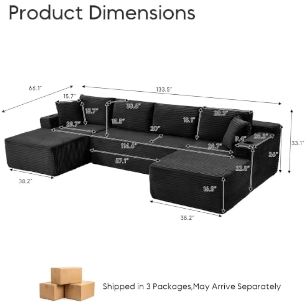 U-Shaped Modular Sectional Sofa in Black Corduroy Fabric | Space-Saving Semicircular Design | Modern Living Room Seating | 133.5