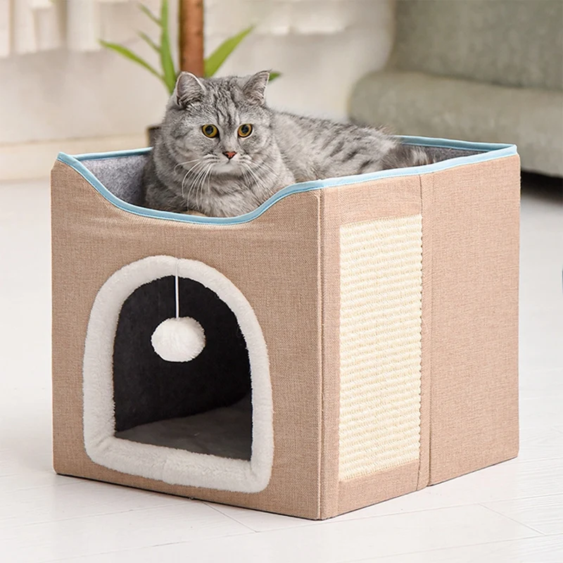 

Cat Beds For Indoor Cats - Large Cat Cave For Pet Cat House With Ball Hanging And Scratch Pad, Foldable Cat Washable