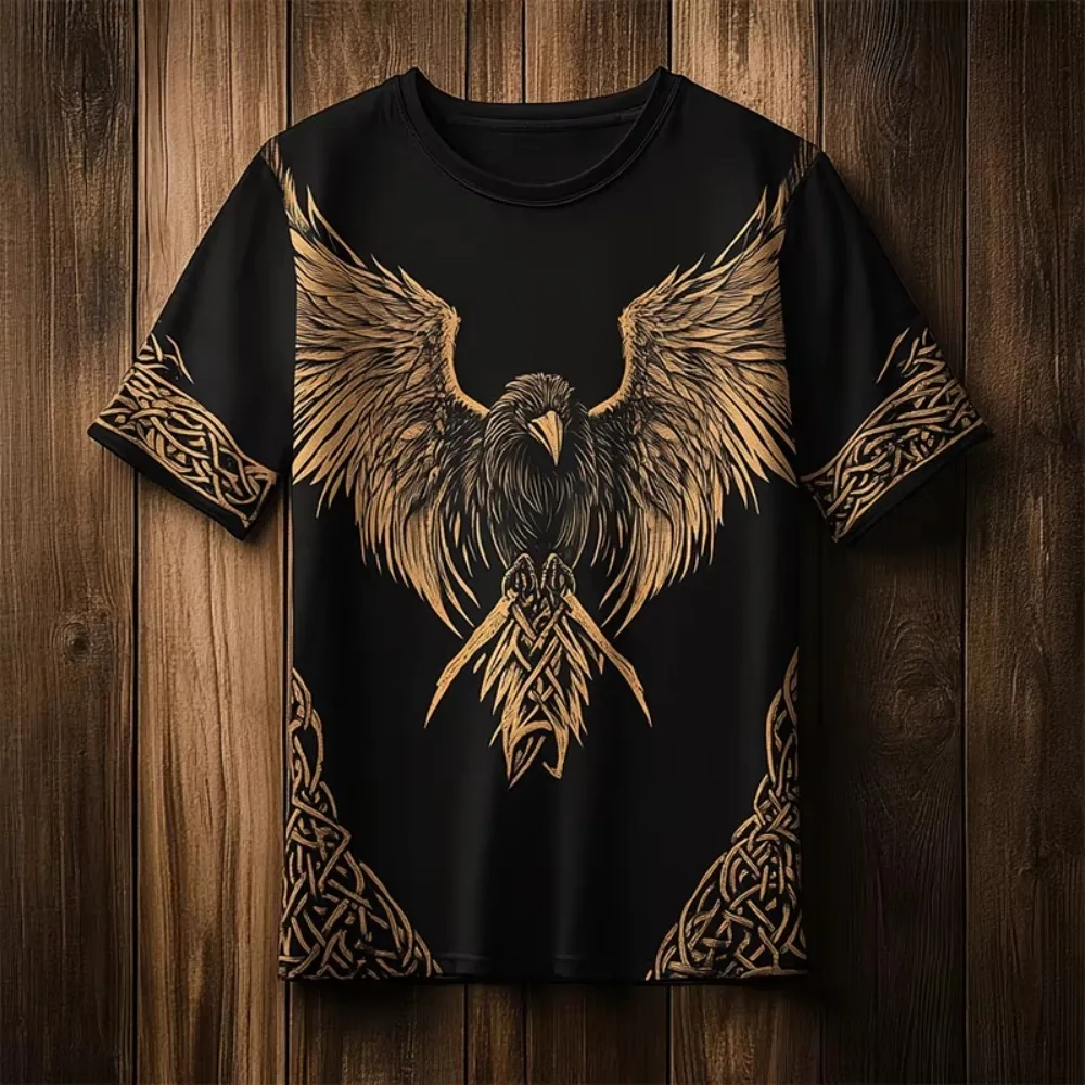 Retro Nordic Viking Raven Celtic Knot Patterns 3D Print Men T-Shirt Breath Quick-dry Street Sports Fashion Parent-child Clothing
