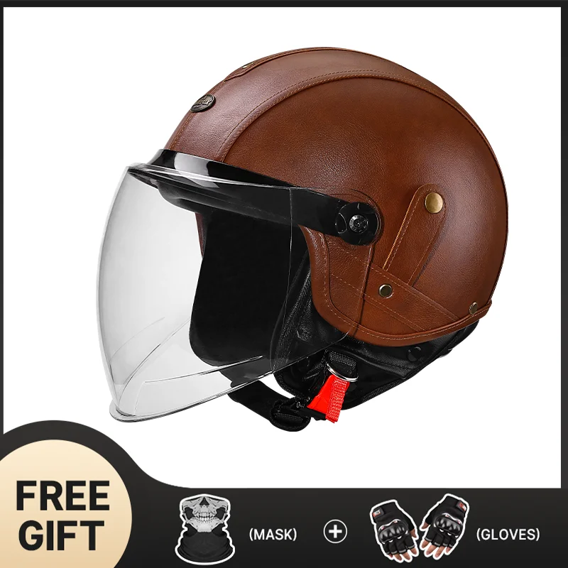 

Винтажный коричневый кожаный мотоциклетный шлем 3/4 на половину лица для мужчин и женщин с защитой от царапин и мягкой подкладкой, одобренный ECE