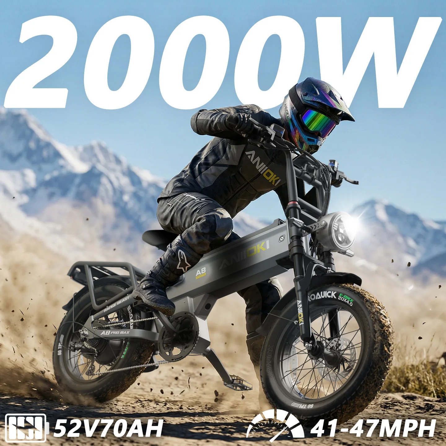 

Электровелосипед ANIIOKI 2026 с пиковой мощностью двигателя 2000 Вт, аккумулятор 52В 70Ач, скорость до 32 миль/ч, широкие шины 20"*4", длительное время работы от батареи.