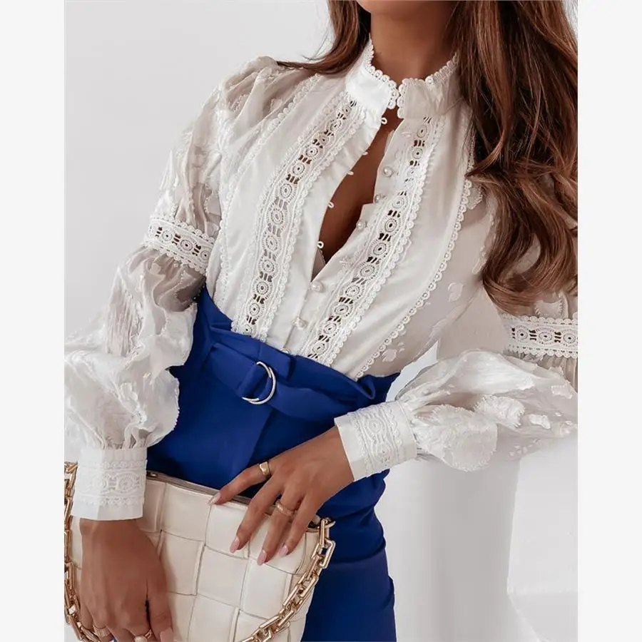 

Women's Long Sve Lace Trim Patchwork Single Button irt Street Sle Slim Fit White irt for Young Women in Their 20s