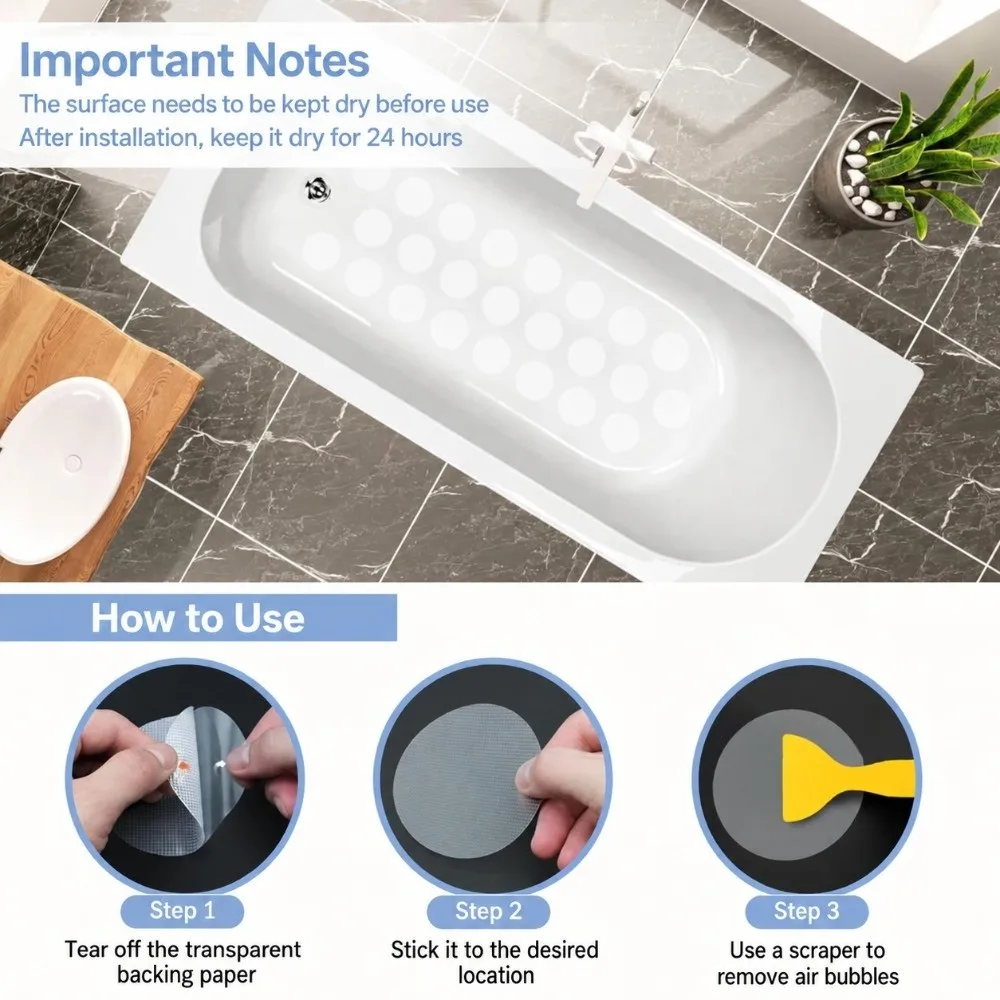 24 PCS PEVA Non Slip Sticker Transparent Pink Blue Scraper Included Bathtub Sticker Waterproof Round Shape Anti Slip Shower Tape