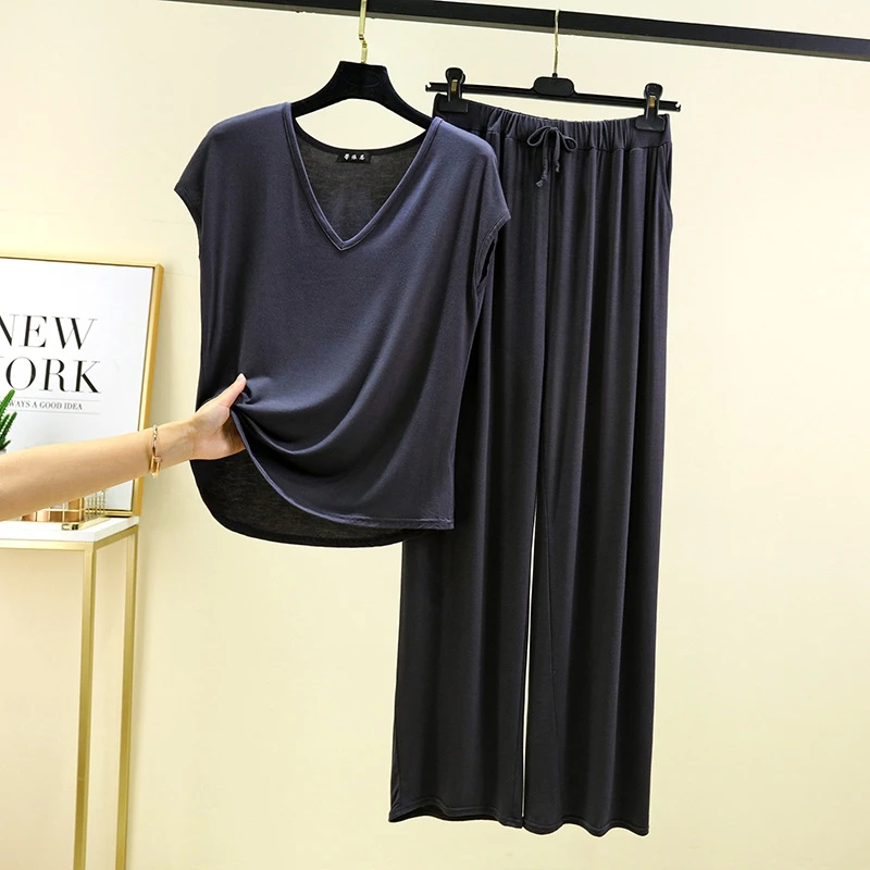 Conjunto de salón liso de Modal, chaleco sin mangas con cuello en V y pantalón largo elástico, tela transpirable, ajuste suave al tacto, ropa de casa para mujer