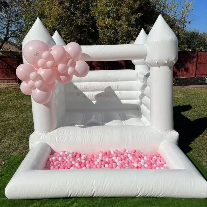 Opblaasbaar wit springkasteel, 10x8x8ft PVC springkasteel met ballenbak voor peuter kinderen verjaardag, bruiloft maatwerk