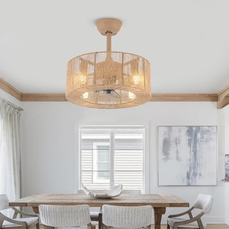 Vintage Ceiling Fan Rattan Rotation DC Motor Ultra Quiet Remote Control Lighting System for Bedroom Living Room Dining Room