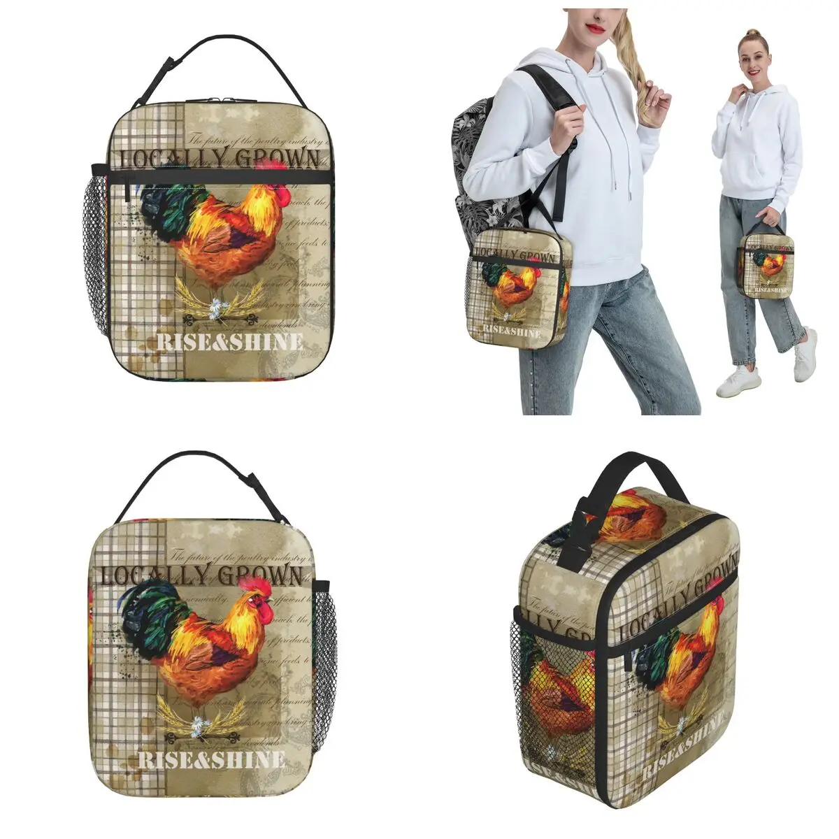 Farm Rooster Vintage Accessories Insulated Lunch Bags School Domestic Farmhouse Food Box  Fashion Cooler Thermal Lunch Box