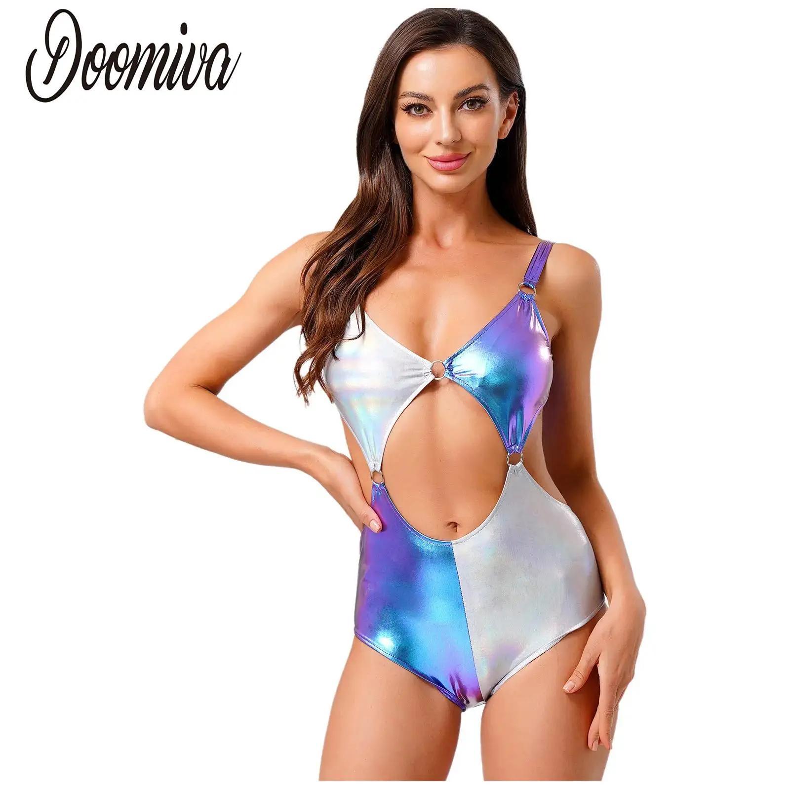 ผู้หญิงโลหะชุดว่ายน้ําContrastสีBodysuitชุดว่ายน้ําHollow Out O-แหวนเชื่อมโยงสลิงLeotards One Piece Clubwear