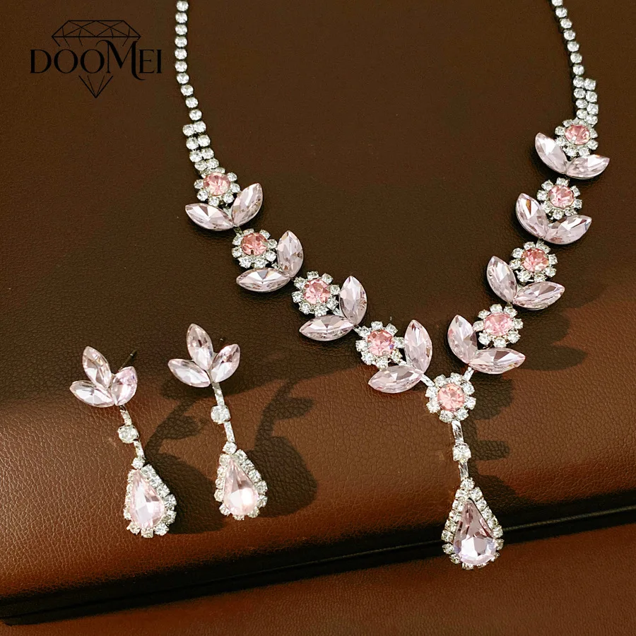 DOO MEI Pink Rhinestone Floral Jewelry Set Women's Fashion Teardrop Crystal Necklace Drop Earrings Wedding Banquet Jewelry