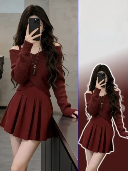 

Комплект из двух предметов: красный ретро-свитер большого размера и топ на одно плечо с длинным рукавом и жилет с высокой талией для женщин