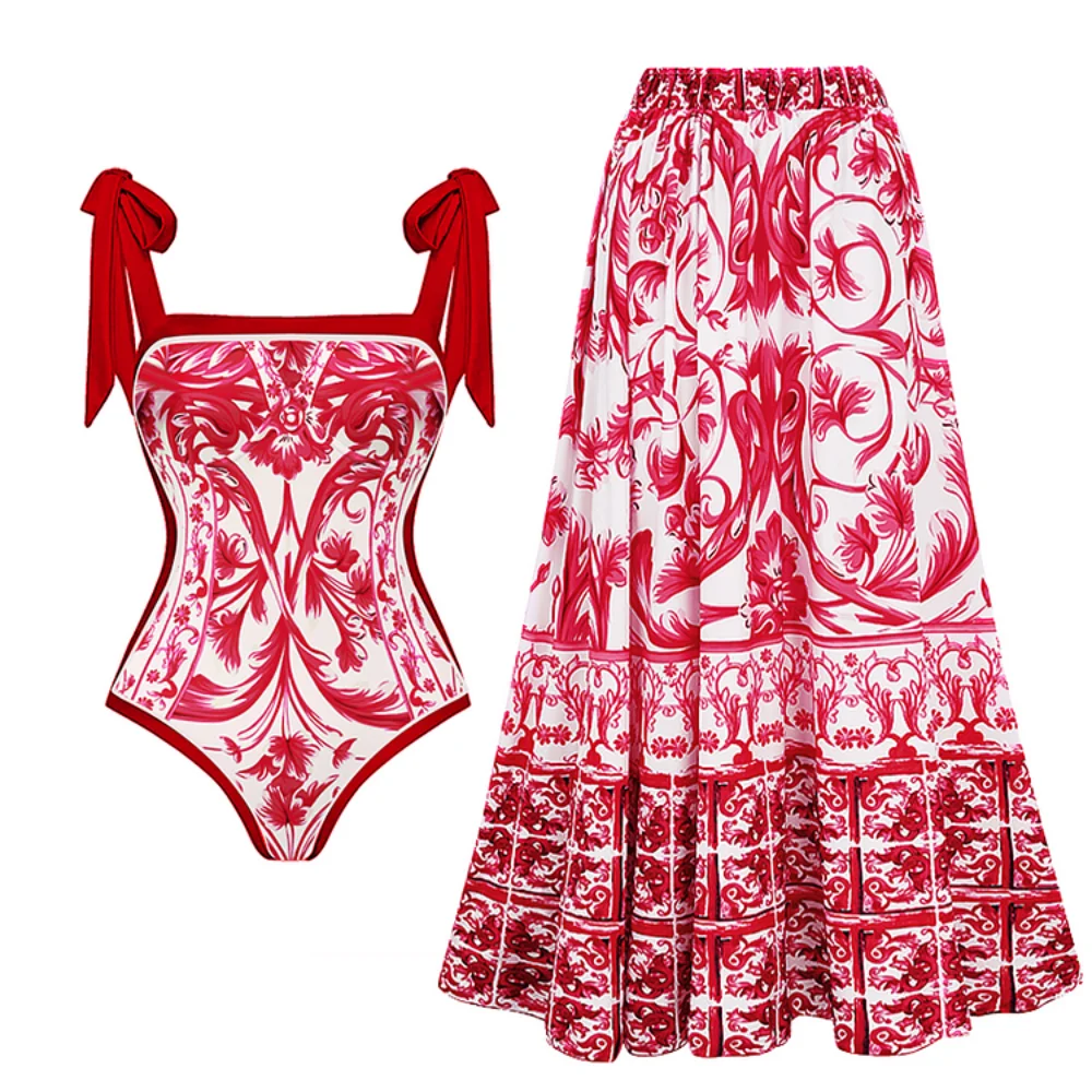 

2024 Swimsuit and Skirt Reversible Tie-shoulder Printed One Piece Swimwear Set Women Beachwear Luxury Bathing Suit two-piece