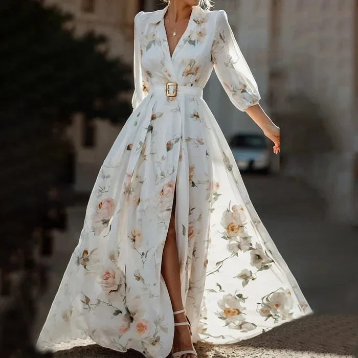 2026 Women's Clothing Three-quarter Sleeve V-neck Digital Print Maxi Dress Slit Long Loose Spring Summer