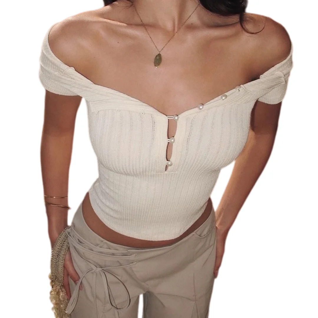 

2026 Women's Sweet & Edgy Ribbed Crop Top Retro Pearl Button Henley Neck Slim Fit Summer Blouse