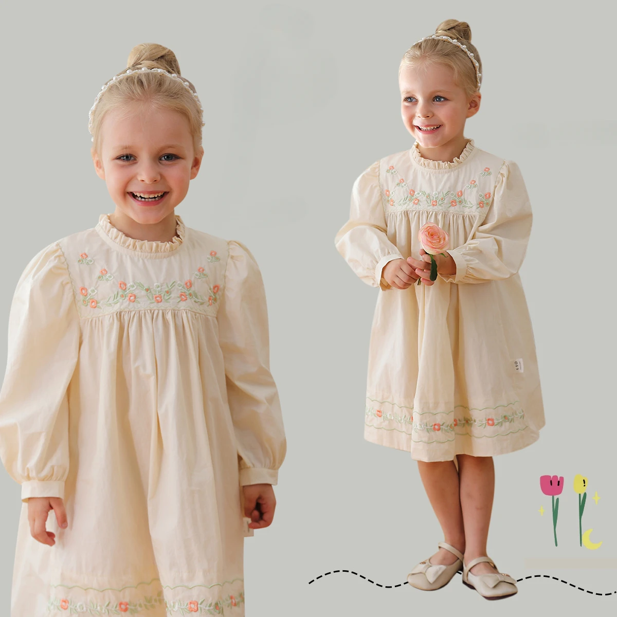 Korean Children\'s Clothing Flower Embroidery Bubble Sleeve Girls\' Dress Autumn Stand Collar Lace Long Sleeved Baby Kids Dress