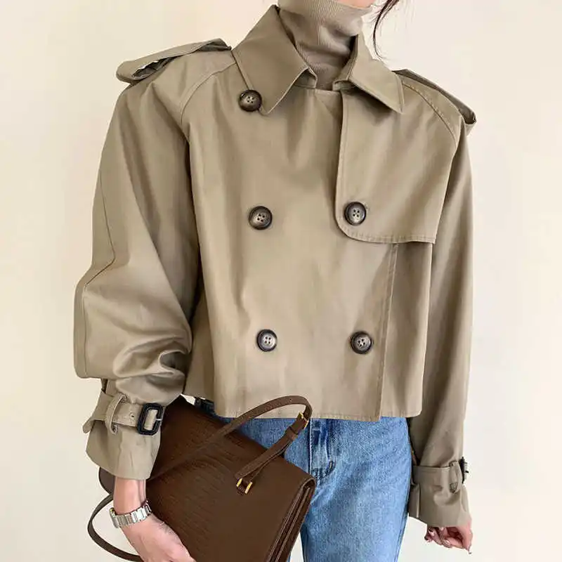 Retro Collar Fashionable Trench Coat For Women With Autumn And Winter Design Sense, Double Breasted Loose Short Jacket