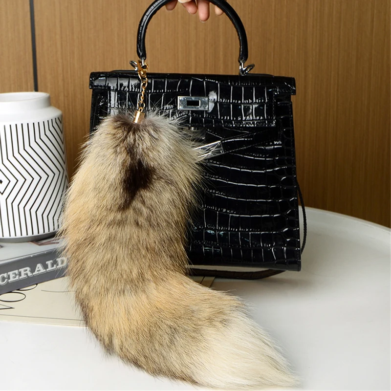 Piush Fox Tail Keychain Furry Racoon Tail Keyring Bag Charm 40CM Animal Tail Key Pendant Pom Poms Keyring Holder Bag Decor