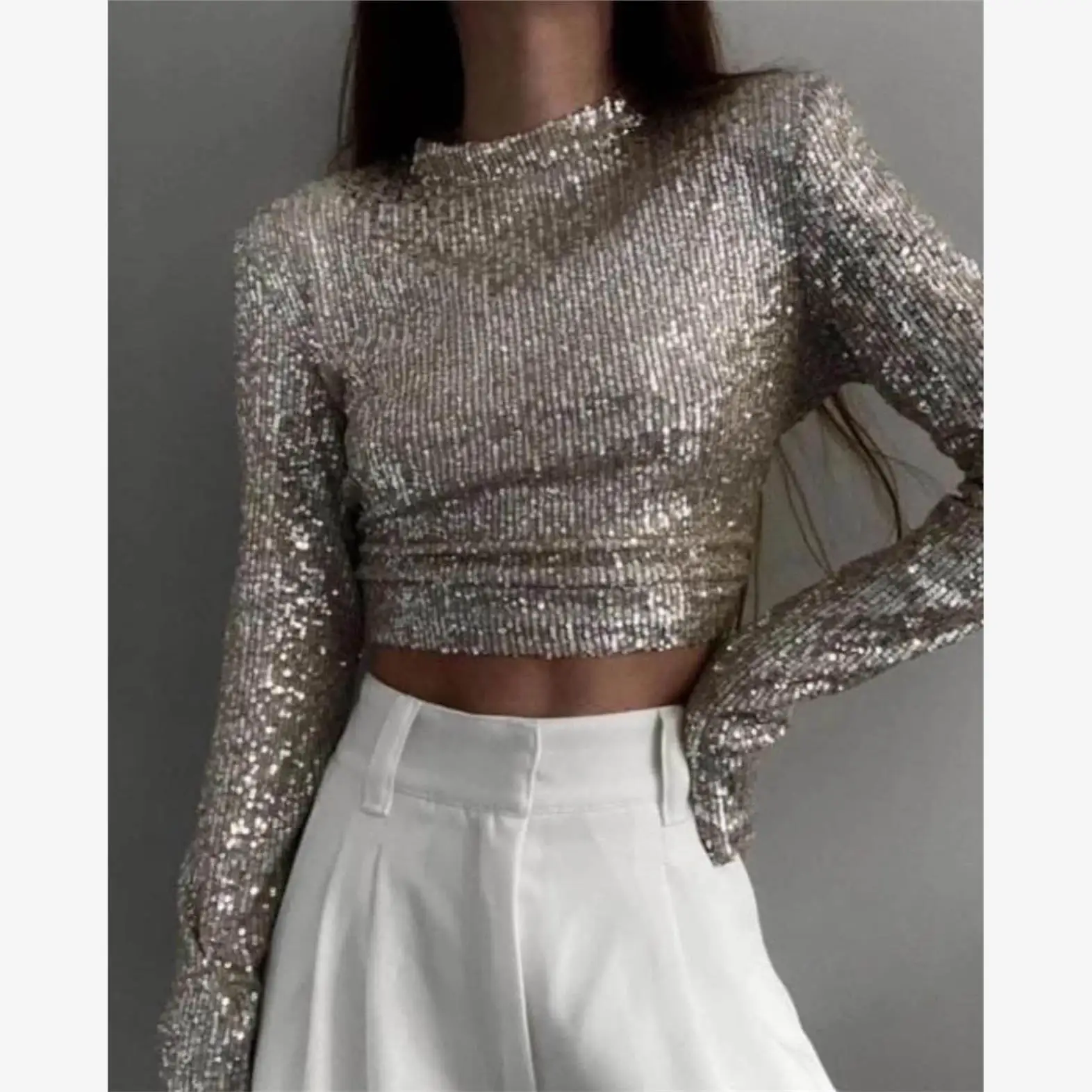 مثير الترتر ملهى ليلي المرأة مشرق اللون ort تي شيرت الشارع Sle طويل Sve جولة Ne عادية Faion الربيع #1