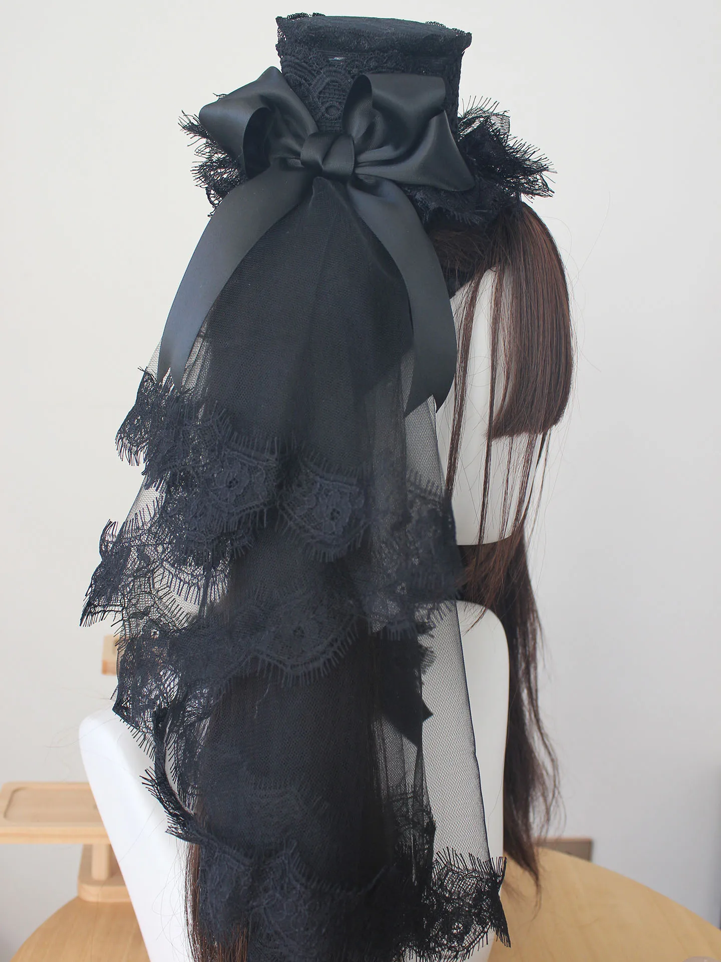 

Черная кружевная готическая шляпа ручной работы, вуаль с перьями пако, аксессуары в стиле Лолиты, чехол на руку, цепочка для женщин, всесезонное использование