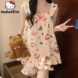 Sanrio Hello Kitty Pajamas Women Summer New Camisole Bubble Wrinkled Princess Style 2 Piece Set Y2k Cute Vest Shorts Sleepwear