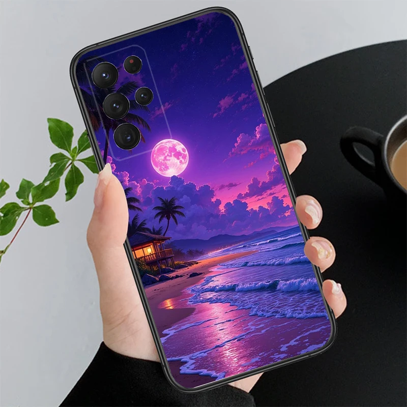قضية الهاتف لسامسونج A55 A16 A56 A36 A35 A15 A53 A54 A33 A34 A25 A05S A52 A52S A14 A26 A71 ضوء القمر مشهد الشاطئ #3
