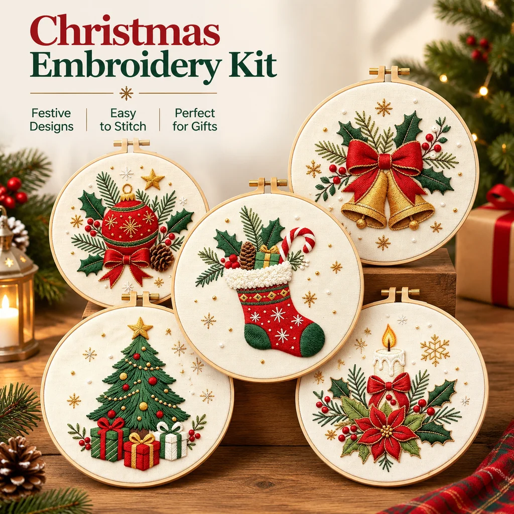 Christmas Embroidery Kit with EN Instruction Thread Stamped Cloth with Holiday Pattern for New Year DIY Gift