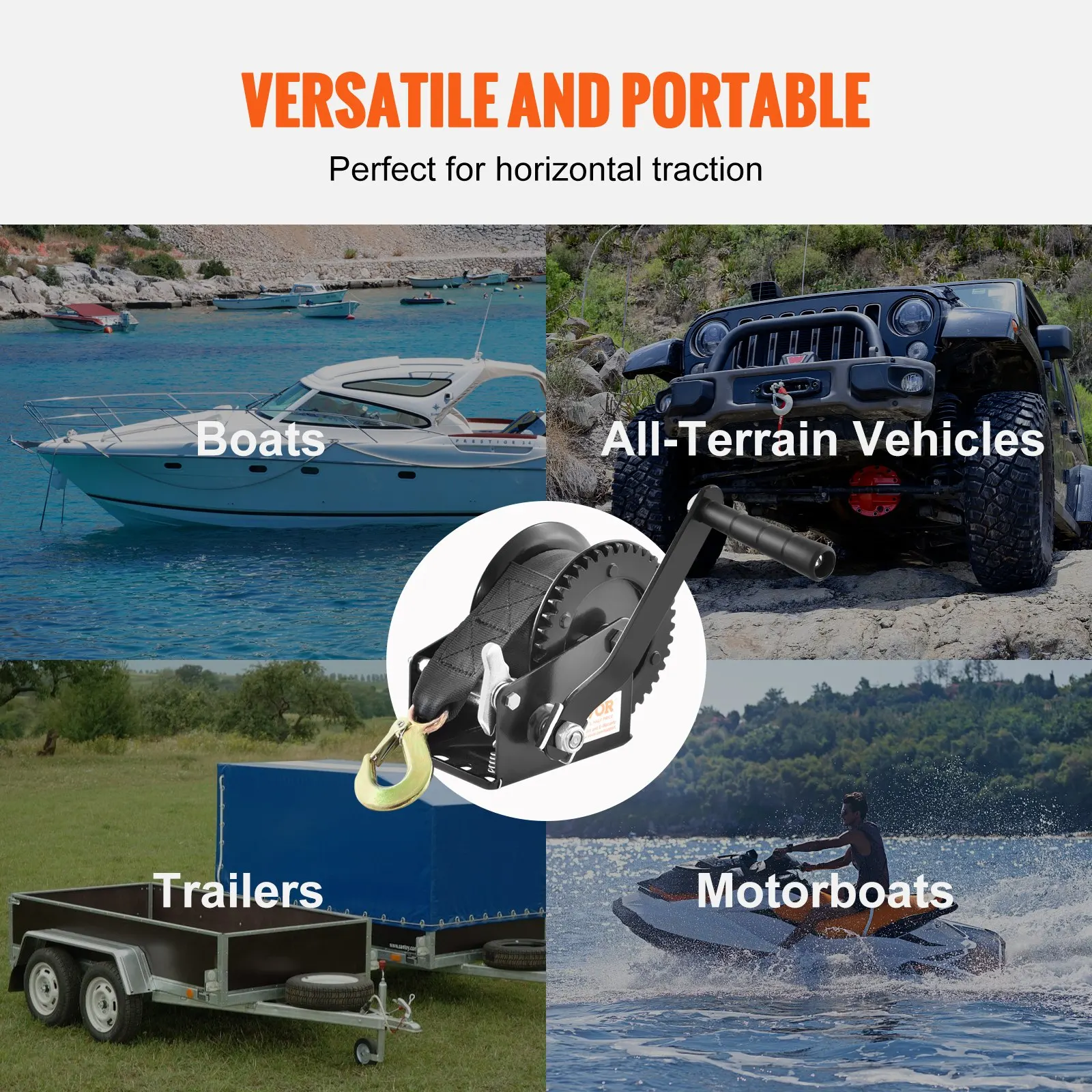 Hand Winch 2500 lbs Pulling Capacity Boat Trailer Winch Heavy Duty Rope Crank with10m Polyester Strap Hand Crank Winch