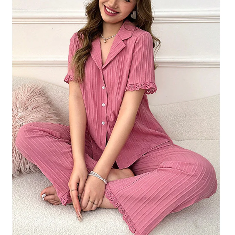 

Pajamas Sets Women Lace Tops Pants Nightwear 2 Piece Suit Homewear V Neck Sleepwear Outfits 2025 Summer Ensemble Loungewear