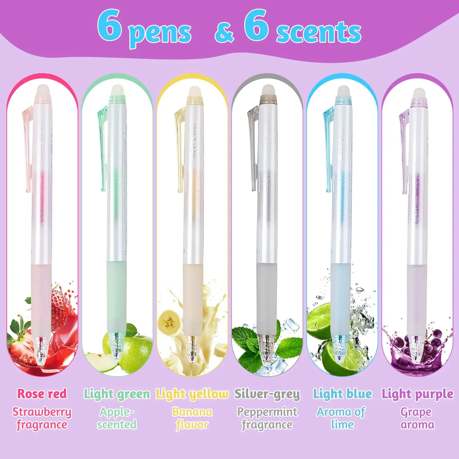 향기 나는 플래싱 지워지는 젤 잉크 펜 6개, 0.7mm 리트랙터블, 지우개 포함, 다채로운 색상, 저널링, 드로잉, 사무실, 학교용