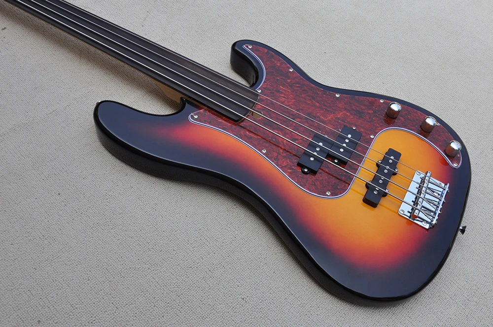 Fretless 4 Strings Tobacco Sunburst Electric Bass Guitar with Rosewood Fretboard,Customizable