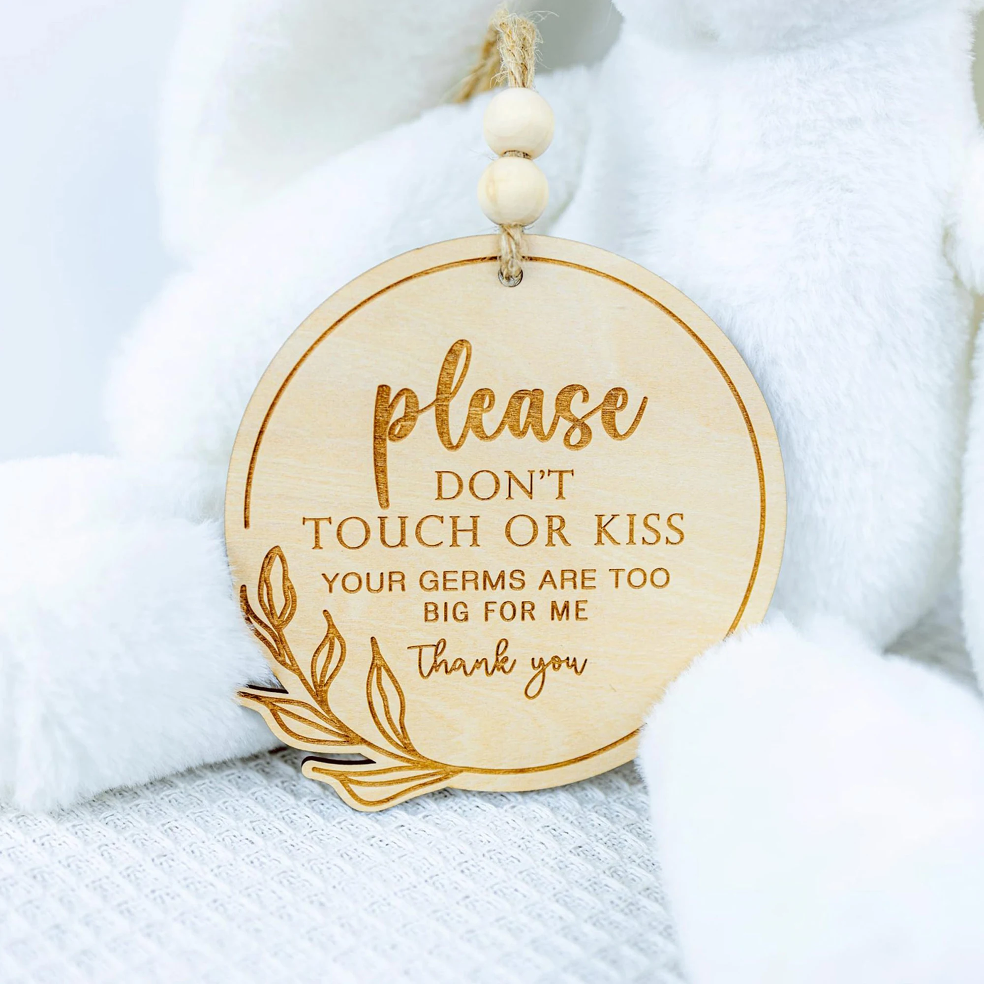 Wooden Round Baby Sign Please Do Not Touch or Kiss Baby Stroller Tag for Newborn Car Seat Pram Tag for Baby Shower