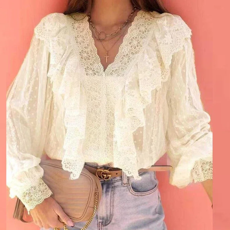 Autumn Women Long Sleeve Lace Blouses White V Neck Sexy Shirts For Women Elegant Ruffle Design Blouses Spring