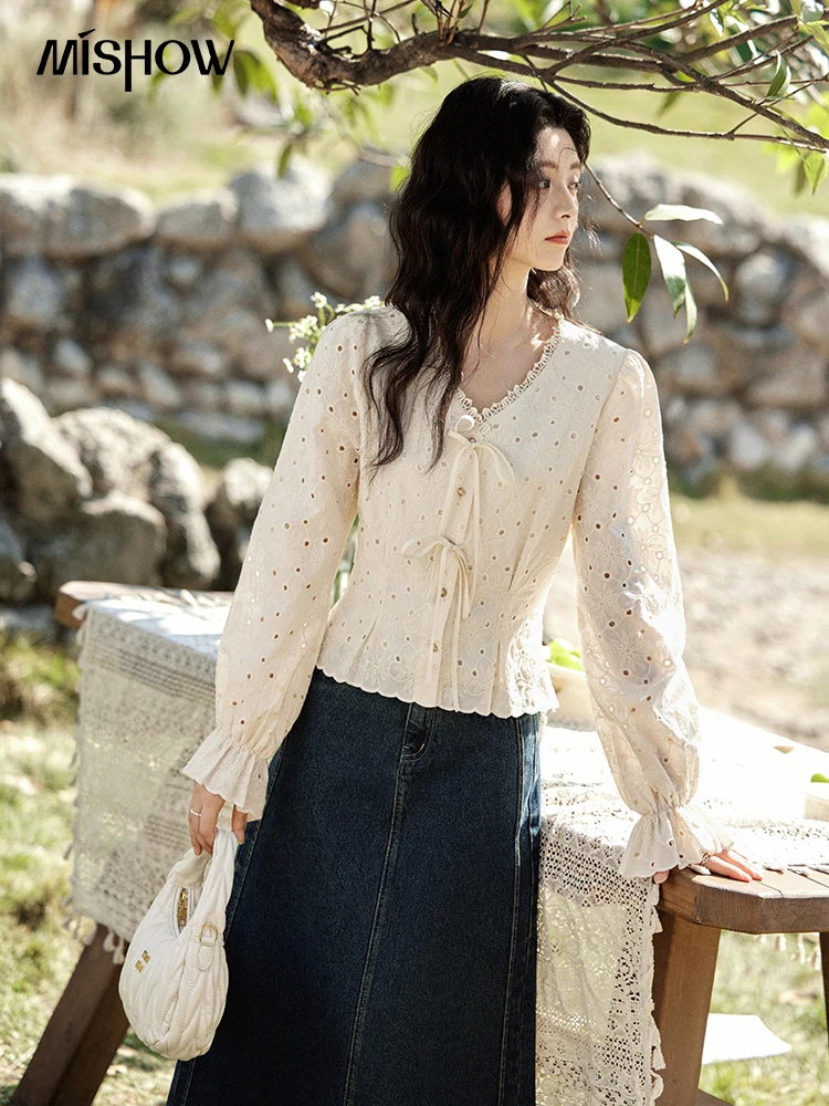 MISHOW Hollow Lace Shirt for Women Spring 2025 French Retro Lace100 Cotton Shirt V Neck Waist Elastic Cuffs Blouses MXE12X1710