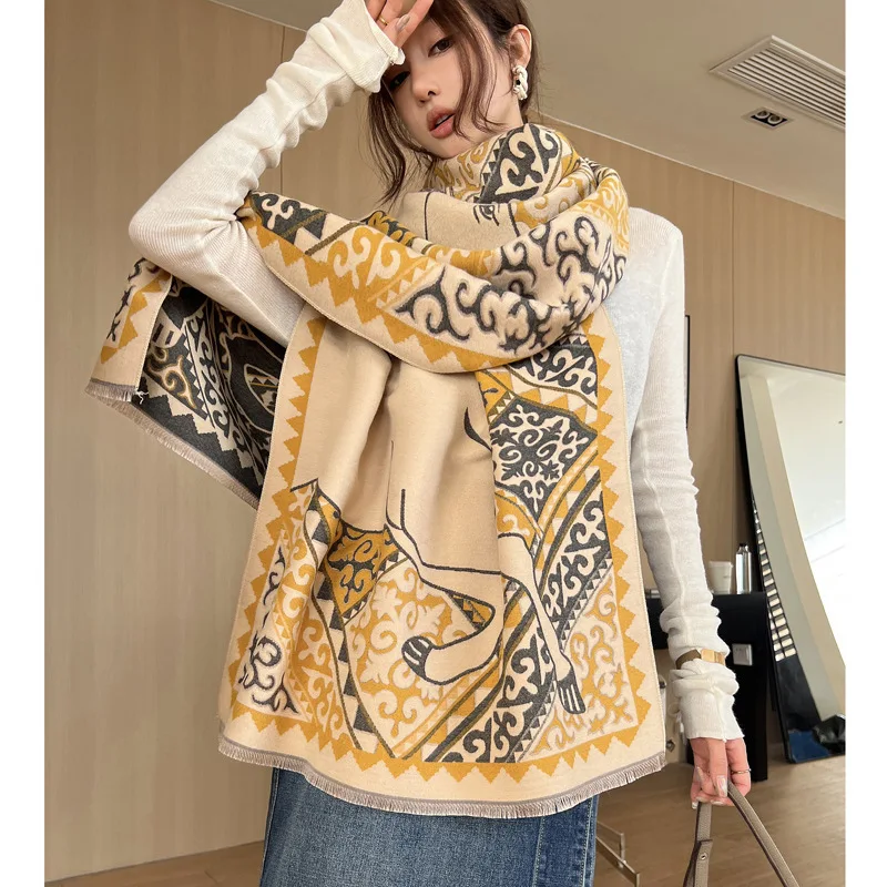 

2023 Fashion Winter Warm Cashmere Shawl Scarf Women Horse Pashmina Thick Scarves Ladies Wrap Female High Double Used Bandana