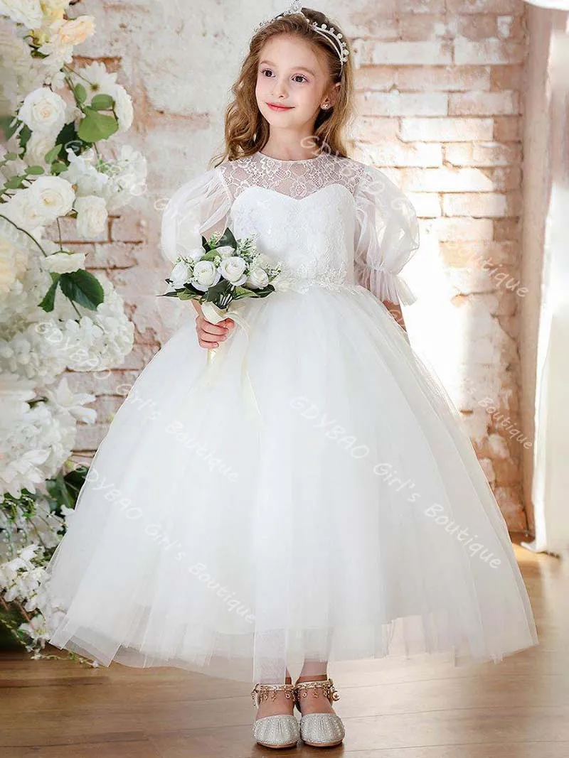 Ivoor Kant Bloemenmeisje Jurken voor Bruiloft Pure Hals Ballon Mouw Optocht Communie Jurk Aangepaste Kinderen Enkellange Feestjurk