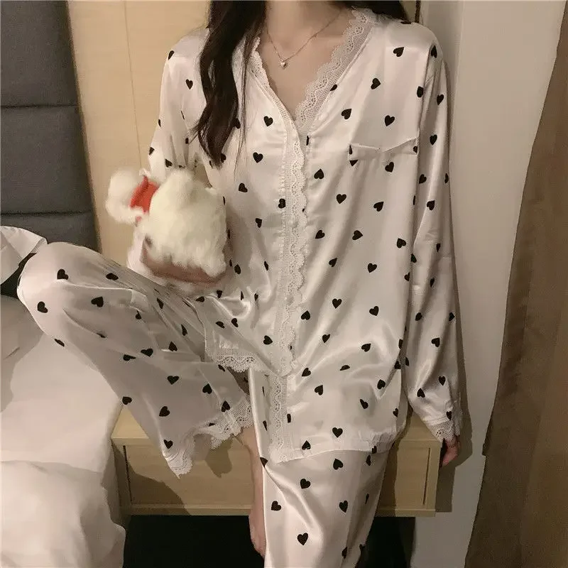 Cute Women\'s Pajamas Heart Print Sweet Sleepwear Ladies Homewear Spring Korean Fashion Lace Pijama Long Sleeve Thin Nightwear