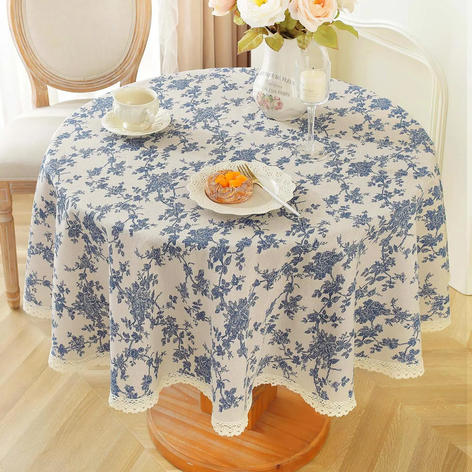 Rustic Flower Print Round Table Cover Indoor Outdoor Vintage Tassel Farmhouse Table Cloth for Daily Use Picnic Tabletop Decor