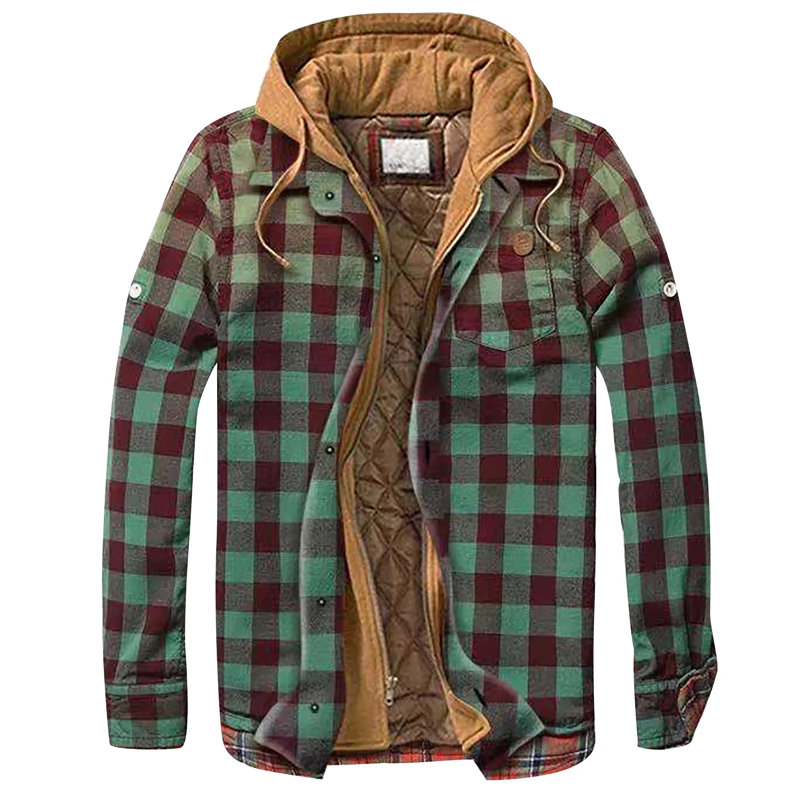 Men\'s Quilted Lined Button Down Plaid Shirt Add Velvet To Keep Warm Jacket With Hood